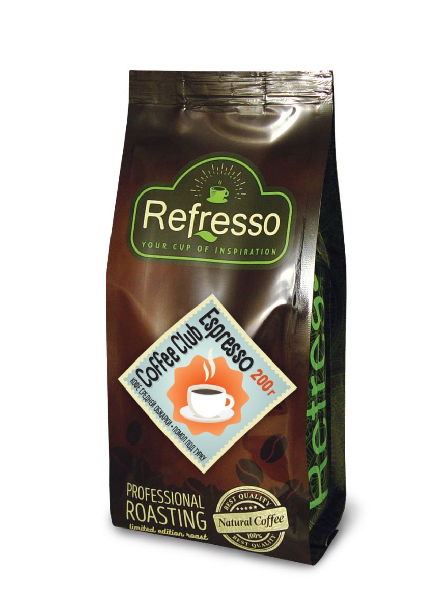 COFFEE CLUB Espresso, Refresso (КОФЕ КЛУБ Эспрессо, кофе средней обжарки, помол под турку, Рефрессо), 200 г.