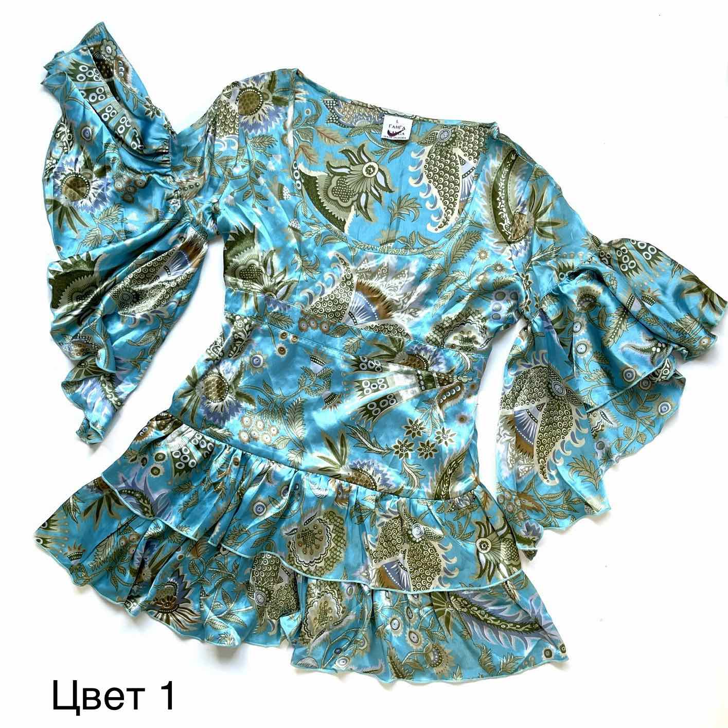 Блуза индийская атласная СЕРОГО ЦВЕТА С ОБОРКАМИ, цвет 5 (размер L, атласная ткань), 1 шт.