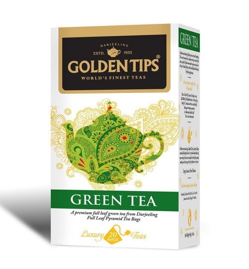 GREEN TEA, Golden Tips (ЗЕЛЕНЫЙ ЧАЙ 100% Индийский листовой чай, коробка 20 пакетиков-пирамидок, Голден Типс), 40 г.