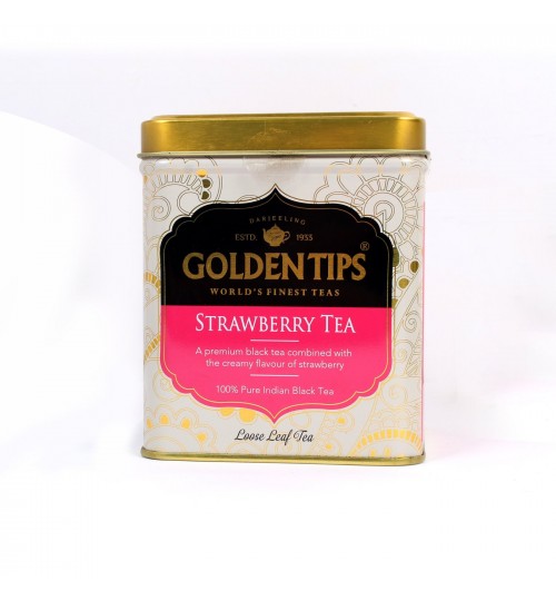 STRAWBERRY TEA, Golden Tips (КЛУБНИКА 100% Индийский черный листовой чай с экстрактом клубники, железная банка, Голден Типс), 100 г.