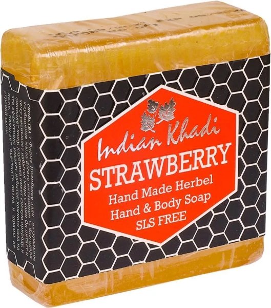 STRAWBERRY Hand Made Herbal Hand & Body Soap, Indian Khadi (ЗЕМЛЯНИКА травяное мыло ручной работы, Индиан Кхади), 100 г.
