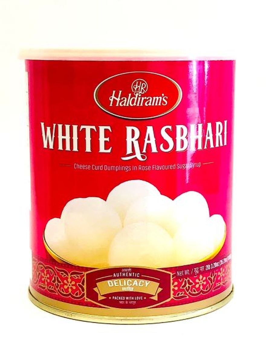 WHITE RASBHARI, Haldiram’s (УАЙТ РАСБХАРИ творожные шарики в сахарном сиропе с розовой водой, Халдирамс), 1000 г.