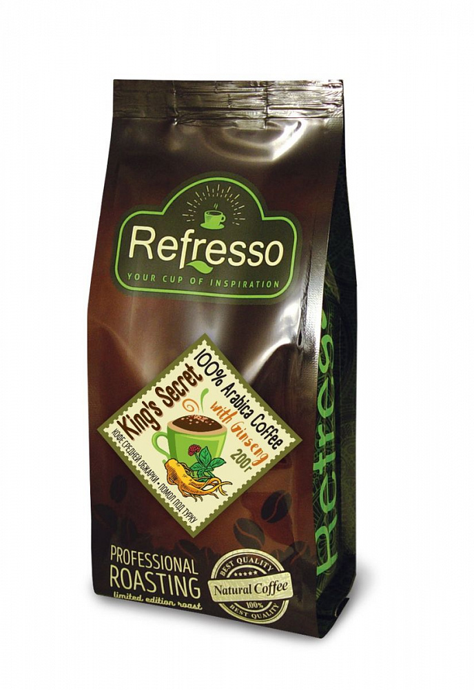 KING'S SECRET 100% Arabica Coffee with Ginseng, Refresso (100% Арабика С ЖЕНЬШЕНЕМ, кофе средней обжарки, для чашки (молотый), Рефрессо), 200 г. - СРОК ГОДНОСТИ ДО 8 ИЮЛЯ 2024 ГОДА