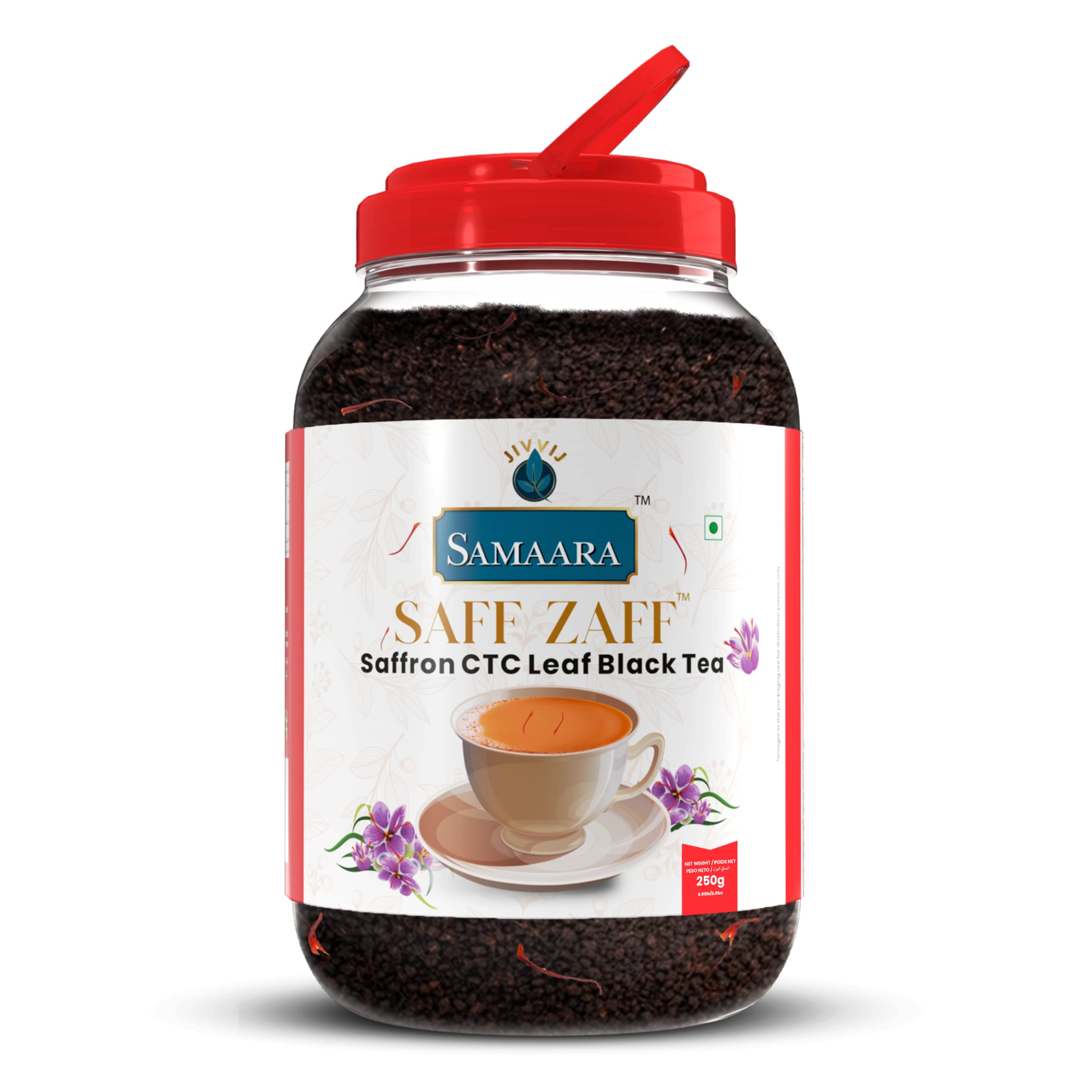 Samaara SAFF ZAFF Saffron CTC Leaf Black Tea, Jivraj (Самаара САФФ ЗАФФ СТС, Гранулированный Черный чай с Шафраном, Живрадж), БАНКА 250 г.