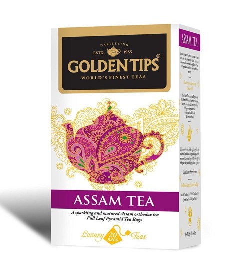 ASSAM TEA, Golden Tips (АССАМ 100% Индийский листовой чай, коробка 20 пакетиков-пирамидок, Голден Типс), 40 г.