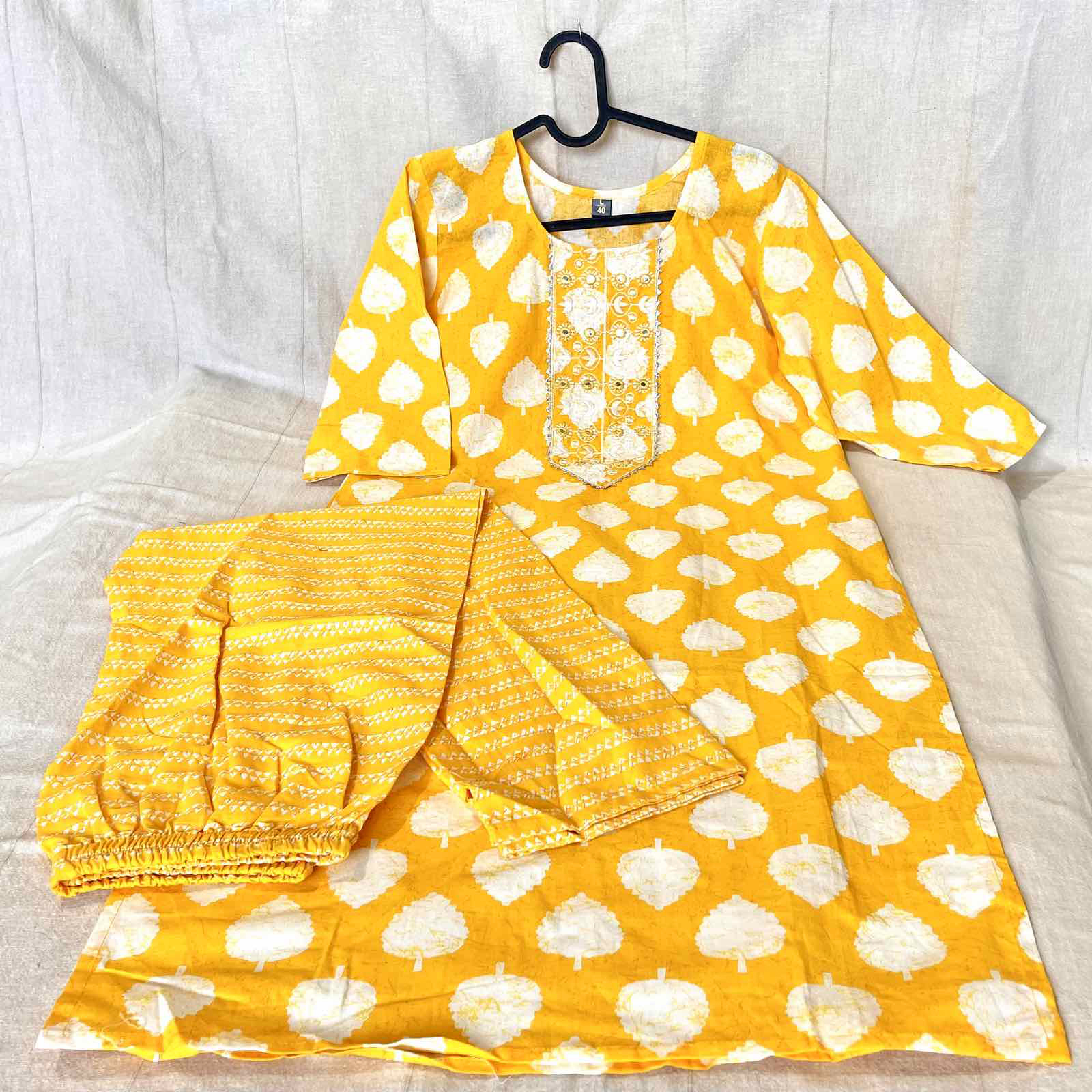 Комплект хлопковый женский, цвет ЖЕЛТЫЙ с Принтом (курта + штаны, хлопок, размер XL), 1 шт.
