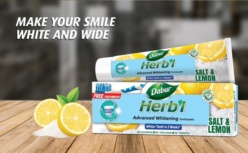 Herb’l WHITENING SALT & LEMON, Dabur (Хербл ОТБЕЛИВАЮЩАЯ зубная паста СОЛЬ И ЛИМОН (зубная щетка в подарок), Дабур), 150 г.