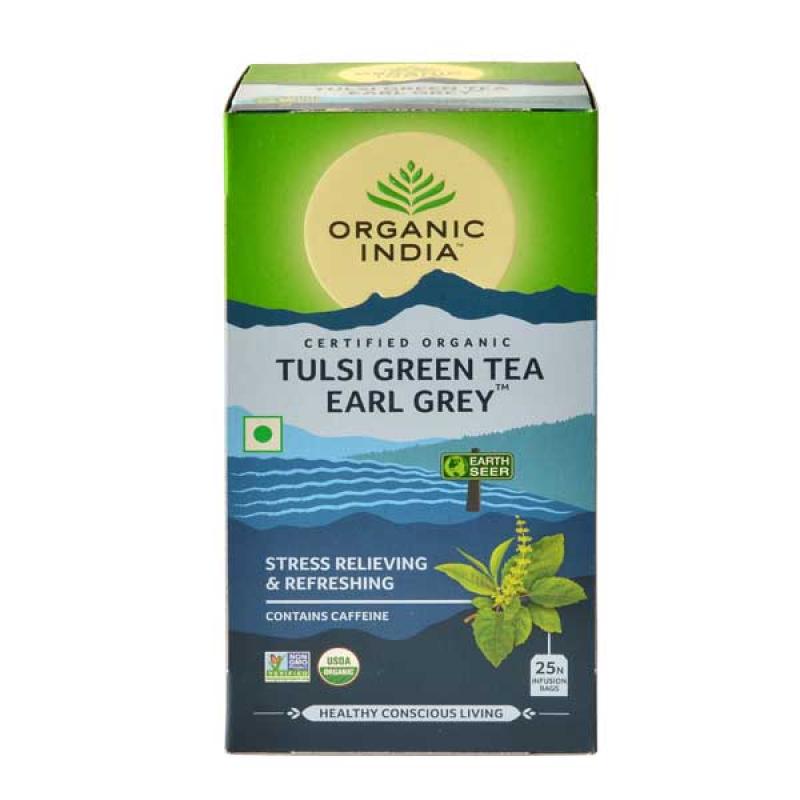 TULSI GREEN TEA EARL GREY, Organic India (ТУЛСИ ЗЕЛЁНЫЙ ЧАЙ ЭРЛ ГРЕЙ, антистресс и свежесть, Органик Индия), 25 пакетиков.