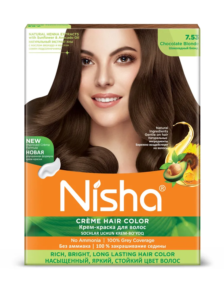 CHOCOLATE BLONDE 7.53 Nisha Creme Hair Color (ШОКОЛАДНЫЙ БЛОНД 7.53 крем-краска для волос, Ниша), 20 г + 20 мл + 6 мл.