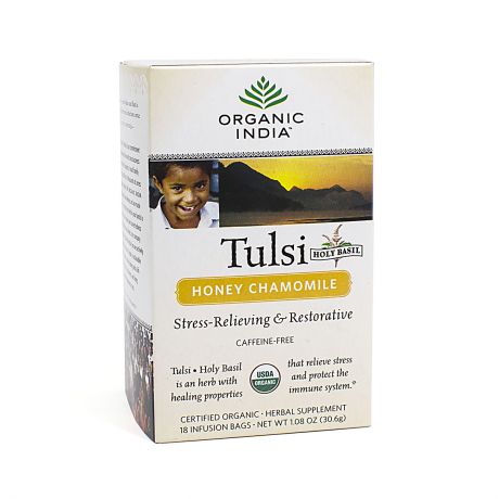 TULSI HONEY CHAMOMILE Organic India (Чайный напиток Базиликовый с Медом и Ромашкой, Органик Индия), 18 пакетиков.