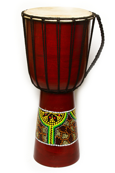 Барабан ДЖЕМБЕ (дерево, роспись в точку, кожа, высота - 40 см., диаметр - 18 см.), с острова Бали, 1 шт.