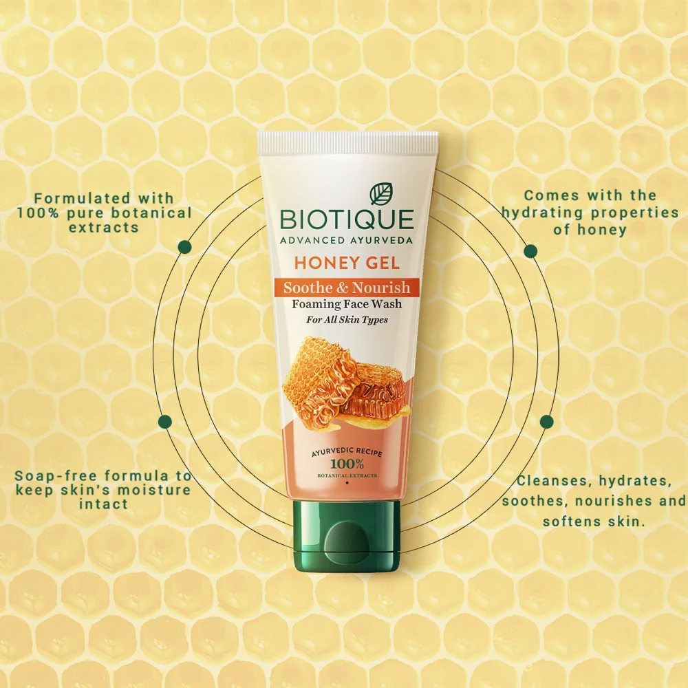 HONEY GEL Soothe & Nourish Foaming Face Wash, Biotique (МЕДОВЫЙ ГЕЛЬ для умывания успокаивающий и освежающий, для всех типов кожи, Биотик), 100 мл.
