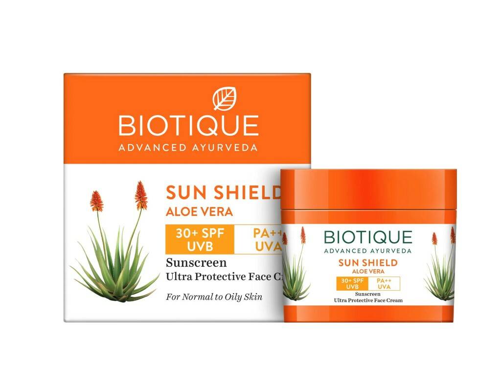 Sun Shield ALOE VERA, 30+ SPF UVA/UVB Sunscreen Protective Face Cream, Biotique (АЛОЭ (алое) ВЕРА Солнцезащитный крем для лица, для нормальной и жирной кожи, Биотик), 50 г.
