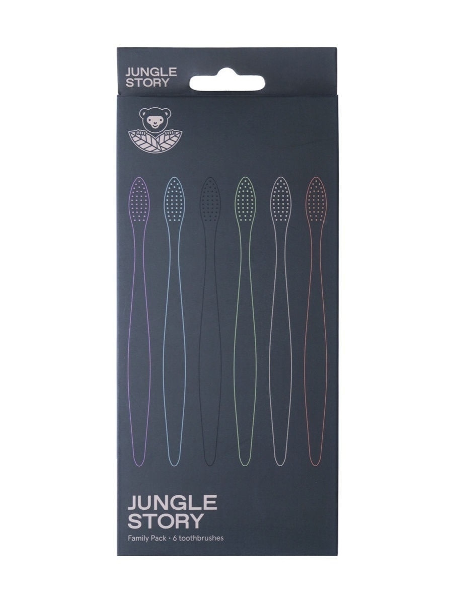 Family Pack 6 Toothbrushes, SOFT, Jungle Story (Комплект 6 бамбуковых зубных щёток с разноцветной мягкой щетиной), 1 уп.