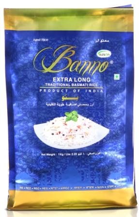 Banno EXTRA LONG Traditional Basmati Rice (Банно ЭКСТРА ЛОНГ традиционный длиннозерный рис басмати, шлифованный), 1 кг.