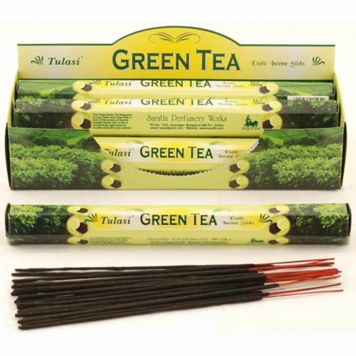 Tulasi GREEN TEA Exotic Incense Sticks, Sarathi (Туласи благовония ЗЕЛЕНЫЙ ЧАЙ, Саратхи), уп. 20 палочек.