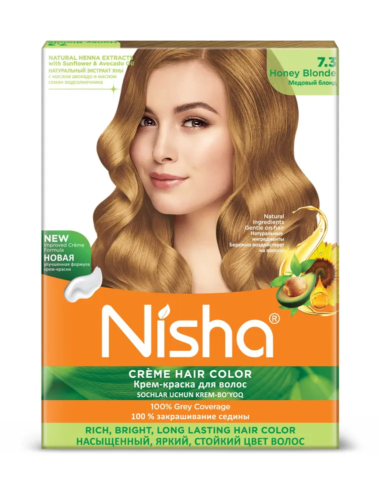 HONEY BLONDE 7.3 Nisha Creme Hair Color (МЕДОВЫЙ БЛОНД 7.3 крем-краска для волос, Ниша), 20 г + 20 мл + 6 мл.