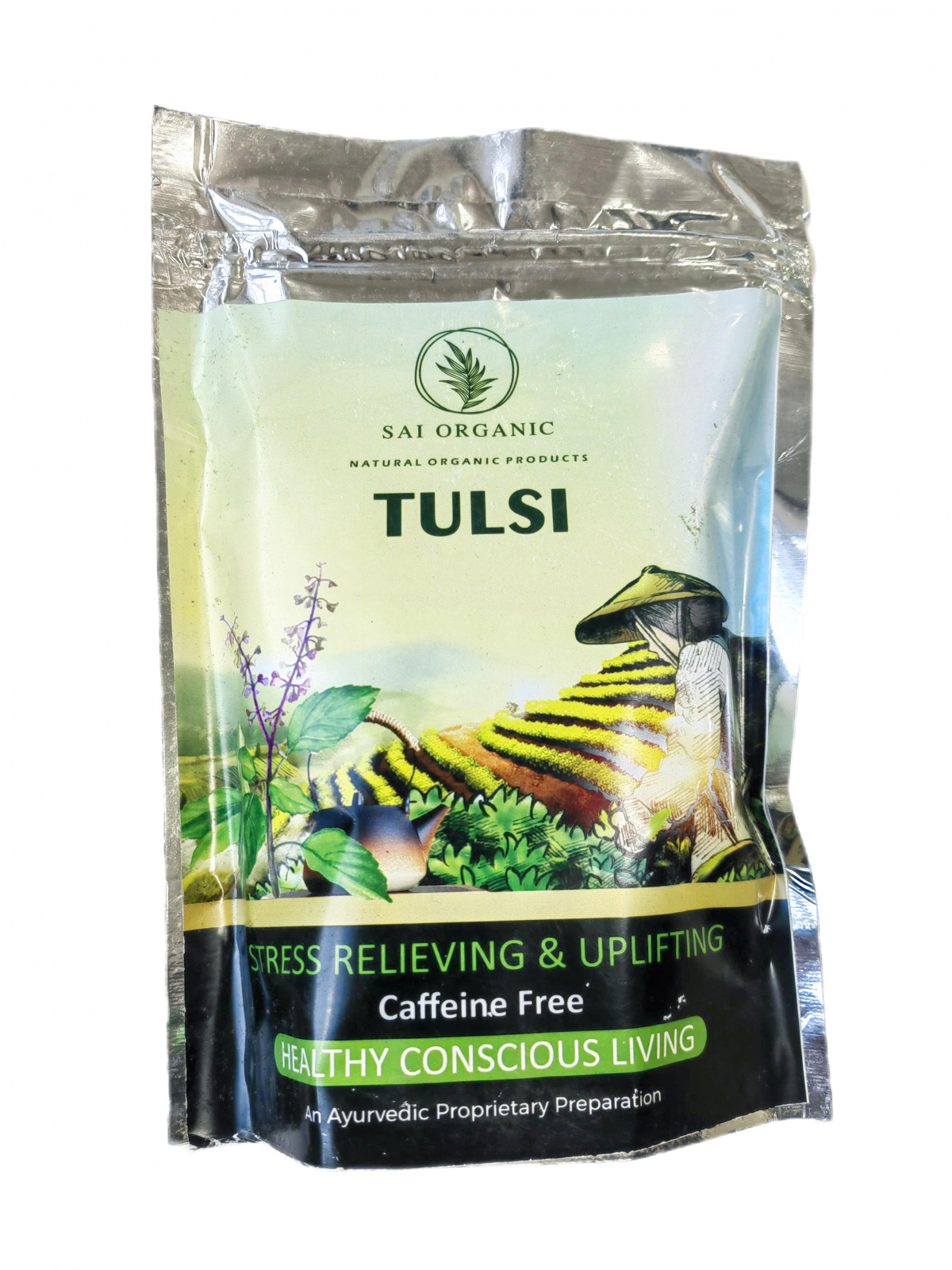 TULSI, Sai Organic (ТУЛСИ, Снимает стресс и поднимает настроение, Саи Органик), 100 г. - СРОК ГОДНОСТИ ДО 31 ИЮЛЯ 2026 ГОДА