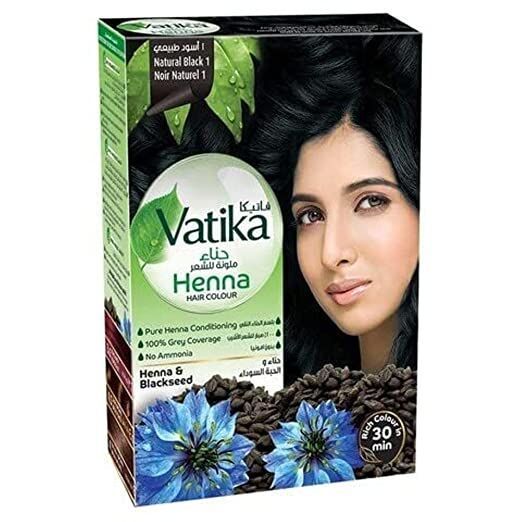 Vatika Henna Hair Colour, NATURAL BLACK 1, Dabur (Ватика хна НАТУРАЛЬНЫЙ ЧЕРНЫЙ 1, Дабур), 60 г. (6 пакетиков по 10 г.)
