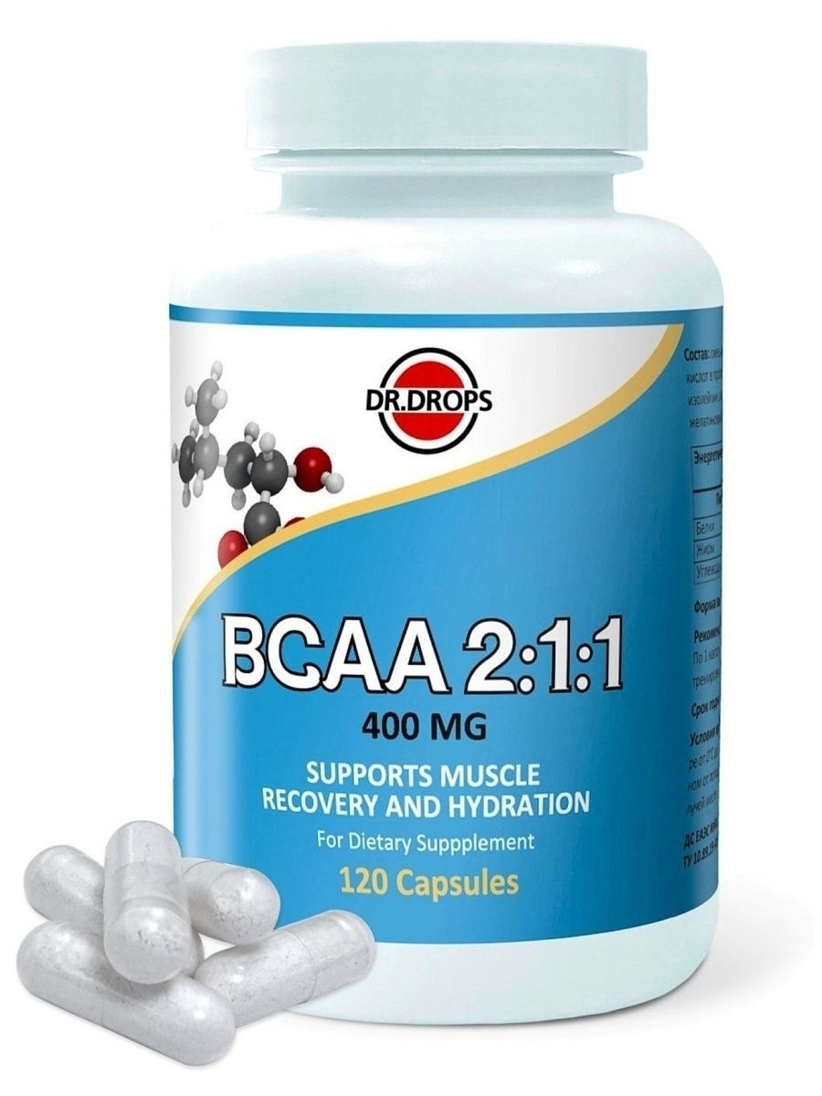 BCAA 2:1:1 Supports Muscle Recovery and Hydration, Dr.Drops (БЦАА 2:1:1 поддержка восстановления мышц и гидратация), 120 капс. - СРОК ГОДНОСТИ ДО 9 ФЕВРАЛЯ 2024 ГОДА