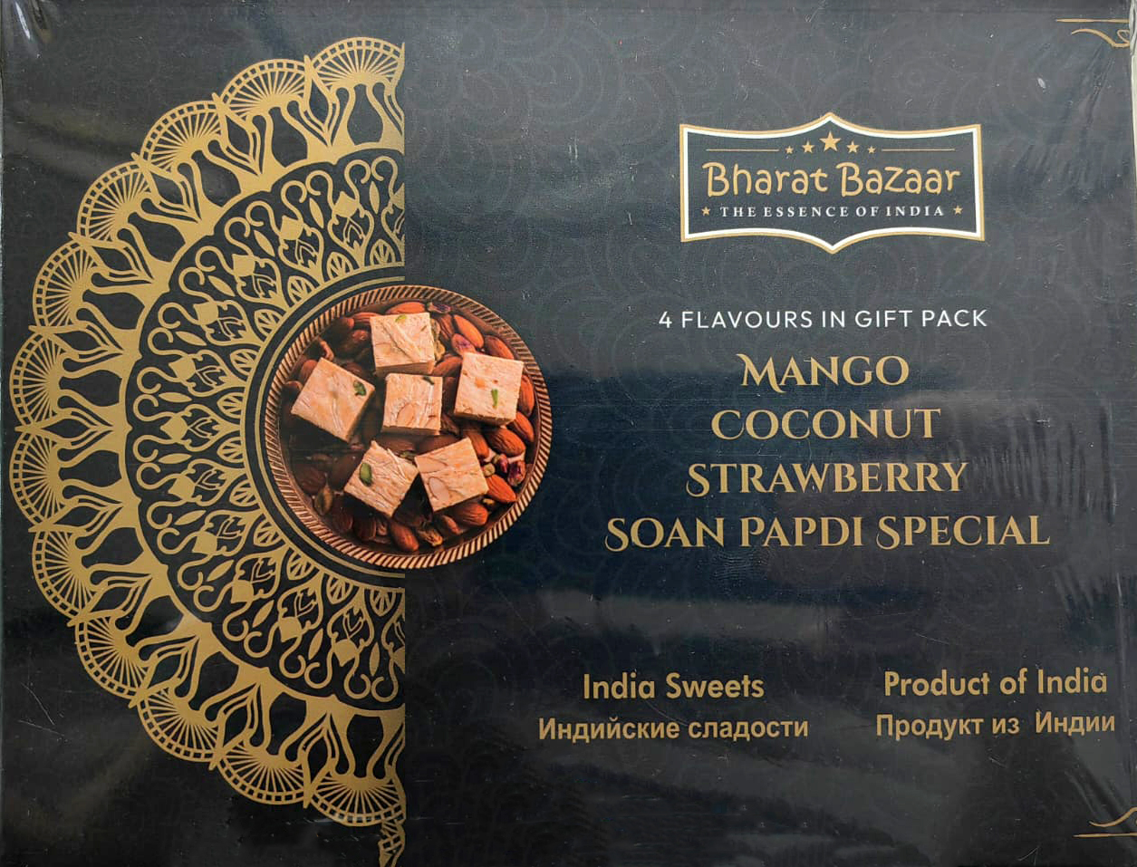 4 Flavours in Gift Pack SOAN PAPDI, Bharat Bazaar (Подарочный набор соан папди: МАНГО, КОКОС, КЛУБНИКА, ОСОБЫЙ, Бхарат Базар), 400 г.