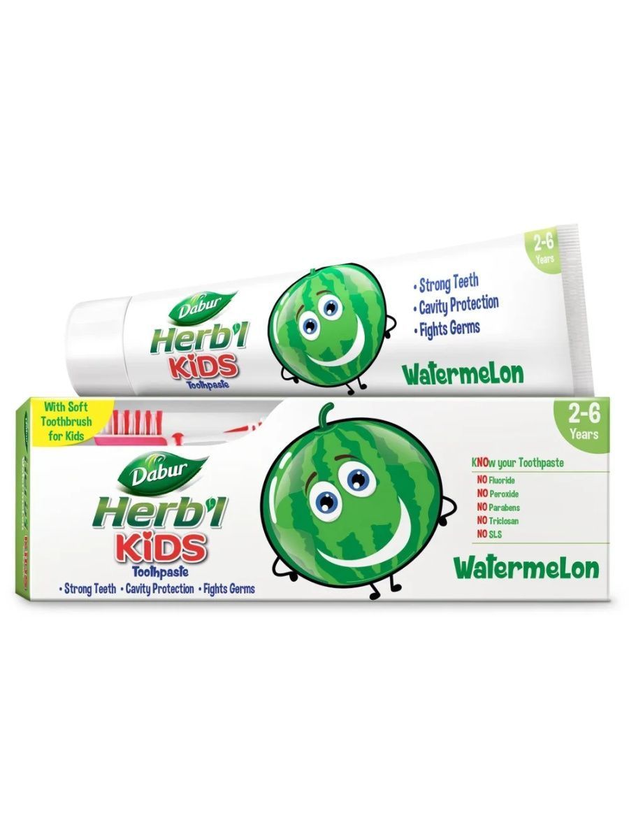Herb'l KIDS Toothpaste WATERMELON, Dabur (Хербл ДЕТСКАЯ Зубная паста со вкусом АРБУЗА (мягкая детская зубная щетка в подарок), Дабур), 50 г.