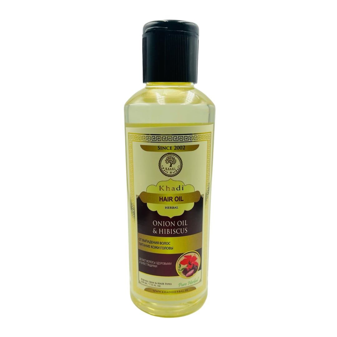 Hair Oil ONION OIL & HIBISCUS, Khadi India (Масло для волос ЛУКОВОЕ МАСЛО И ГИБИСКУС, от выпадения кожи головы, Кхади Индия), 210 мл.