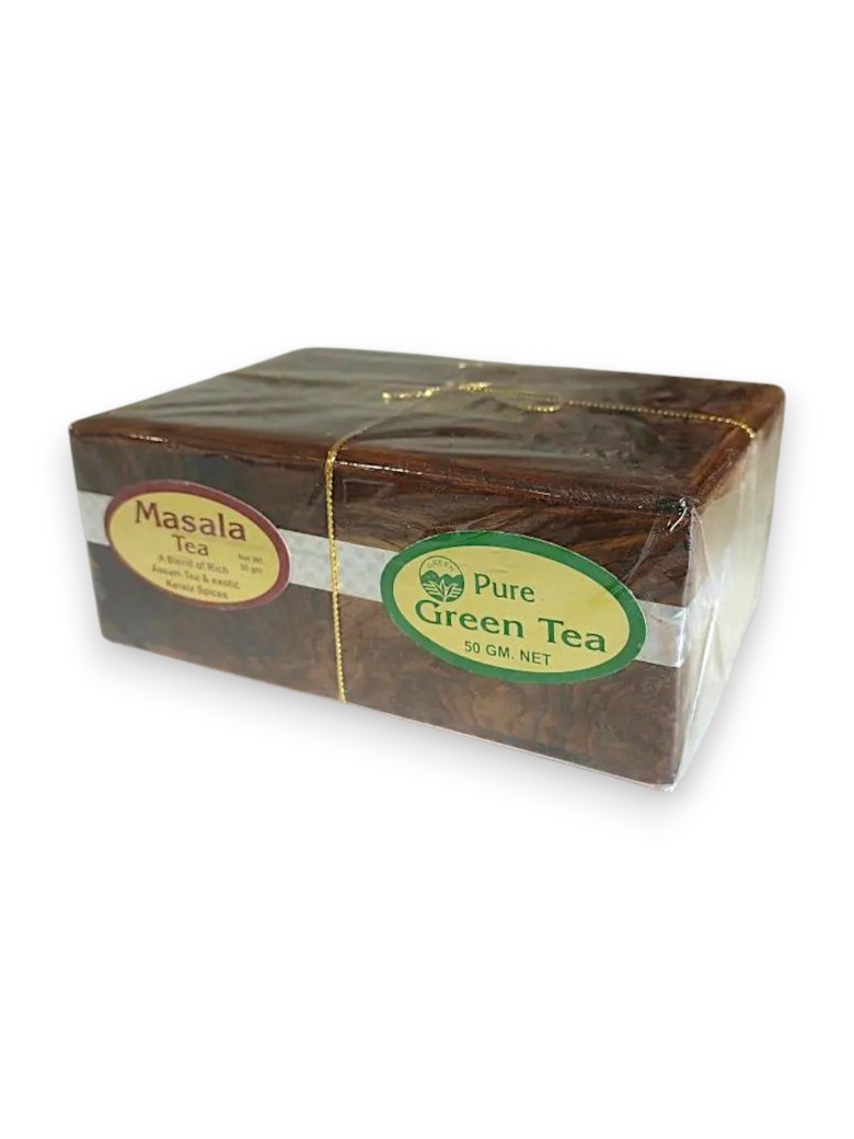 MASALA Tea + Pure GREEN Tea (Подарочный набор чая МАСАЛА + ЗЕЛЁНЫЙ в деревянной коробке), 2x50 г.