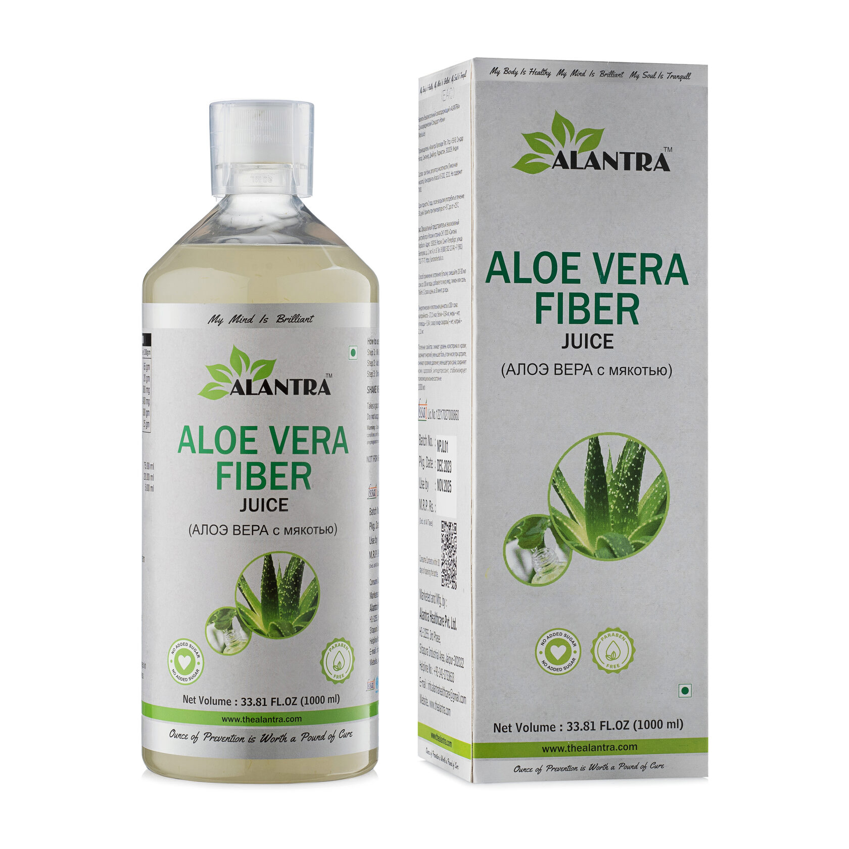 ALOE VERA FIBER Juice, Alantra (Аюрведический сок АЛОЭ ВЕРА С МЯКОТЬЮ, Алантра), 1000 мл.