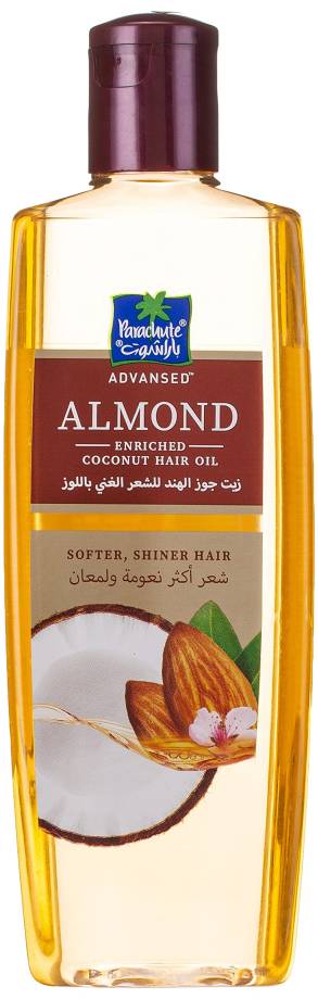 ALMOND enriched Coconut HAIR OIL, Parachute (Кокосовое масло ДЛЯ ВОЛОС, обогащенное МИНДАЛЕМ, для мягких и блестящих волос, Парашют), 200 мл.