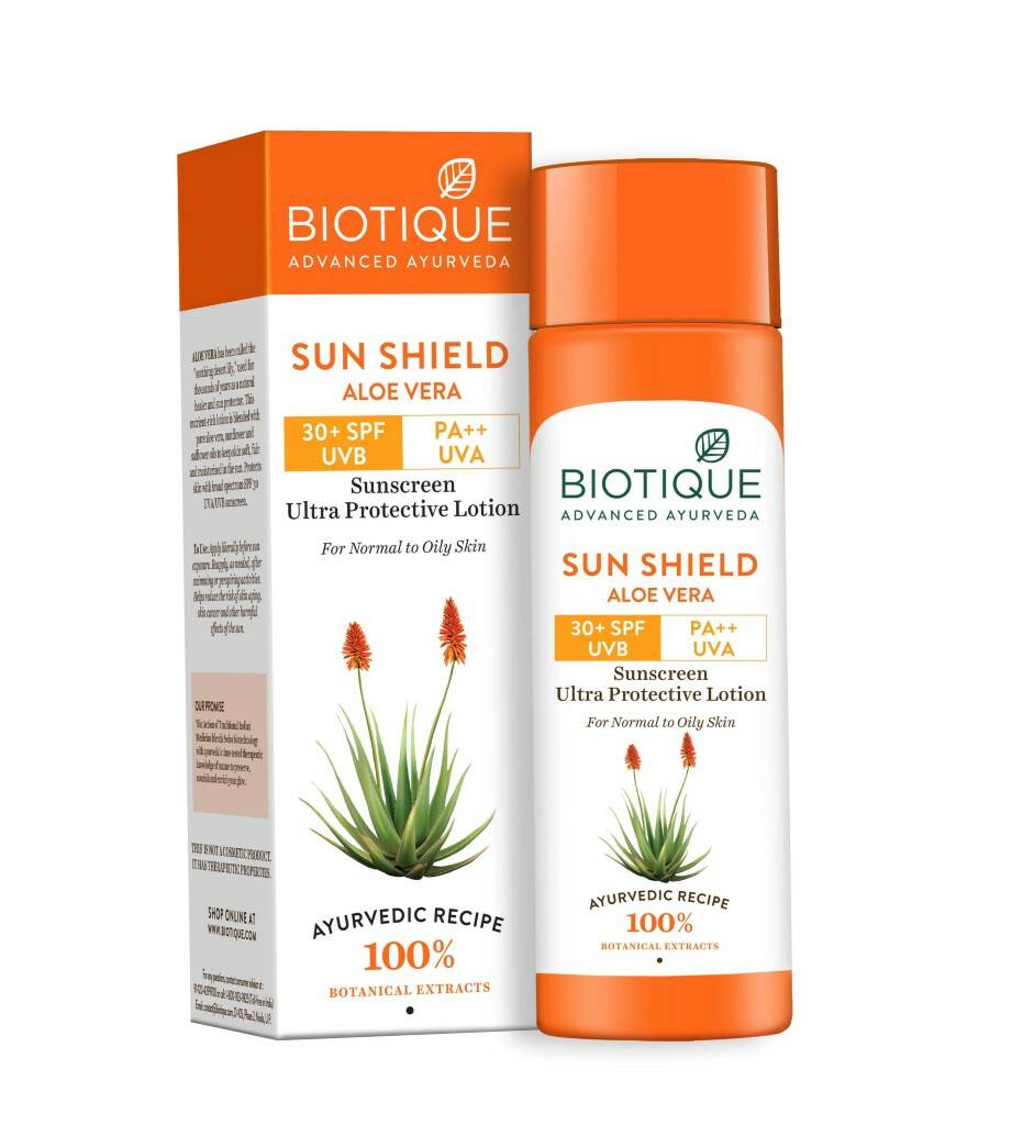 Sun Shield ALOE VERA, 30+ SPF UVA/UVB Sunscreen Protective Lotion, Biotique (АЛОЭ (алое) ВЕРА Солнцезащитный лосьон для лица и тела, для нормальной и жирной кожи, Биотик), 120 мл.