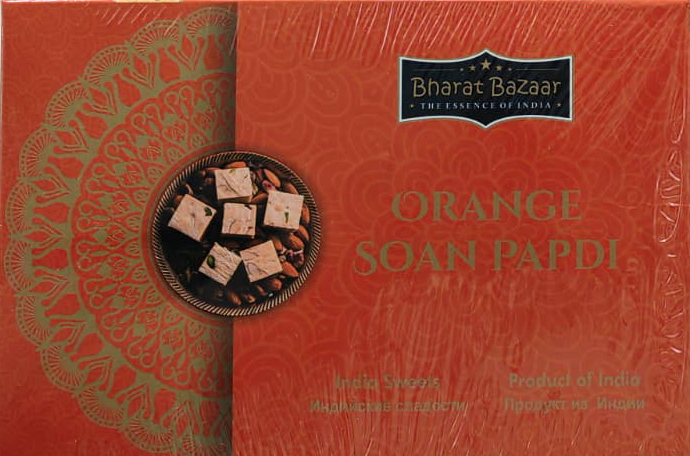 ORANGE Soan Papdi, Bharat Bazaar (Соан Папди со вкусом АПЕЛЬСИНА, индийские сладости из нутовой муки, Бхарат Базар), 250 г.