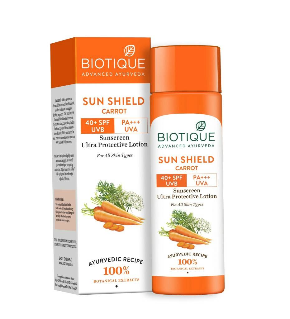 SUN SHIELD CARROT 40+ SPF UVA/UVB Sunscreen Ultra Protective Lotion, Biotique (ЩИТ ОТ СОЛНЦА Морковный солнцезащитный лосьон для лица и тела, для всех типов кожи, Биотик), 120 мл.