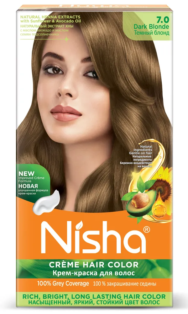 DARK BLONDE 7.0 Nisha Creme Hair Color (ТЁМНЫЙ БЛОНД 7.0 крем-краска для волос, Ниша), 60 г + 60 мл + 18 мл.