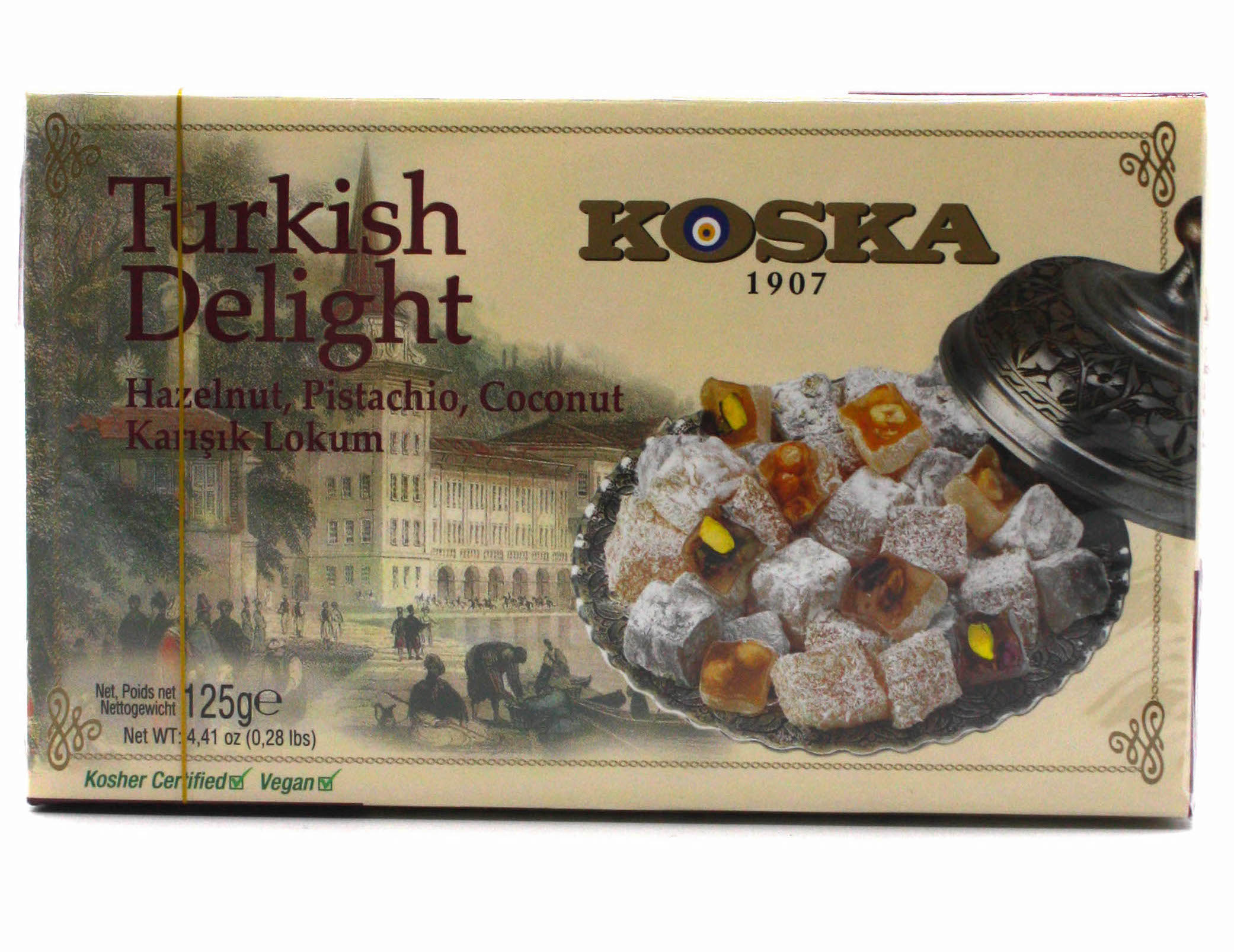 Turkish Delight with HAZELNUT and PISTACHIO, COCONUT COATED PLAIN, KOSKA (Рахат Лукум С ФУНДУКОМ, ФИСТАШКАМИ И КОКОСОМ), 125 г.