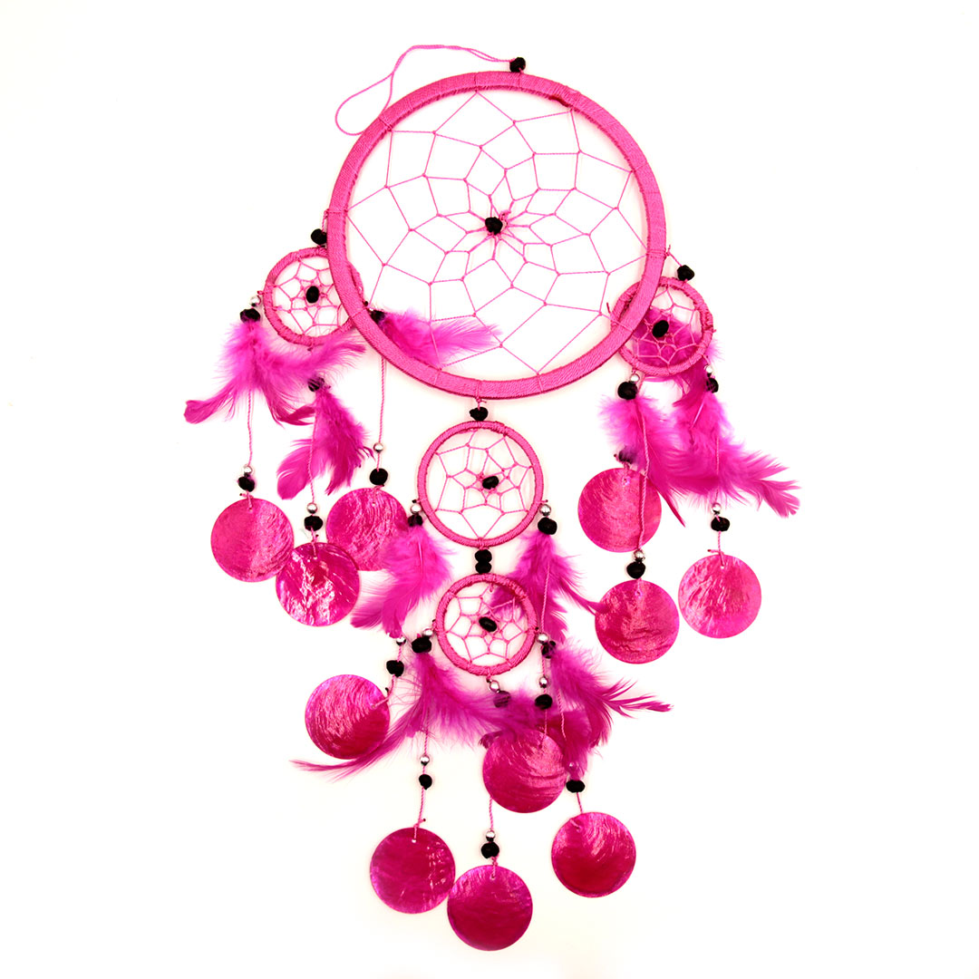 Ловец снов WIR1412-PN Розовые Круги с Перьями и Пластинами из Перламутра - счастье, любовь, романтика (диаметр 16,5 см., длина 55 см.), 1 шт.