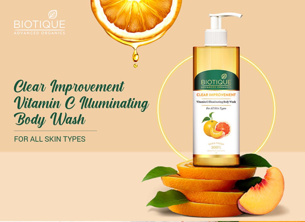 CLEAR IMPROVEMENT, Vitamin C Illuminating BODY WASH, Biotique (ЗАМЕТНОЕ УЛУЧШЕНИЕ, Осветляющий ГЕЛЬ ДЛЯ ДУША с Витамином С, Для всех типов кожи, Биотик), 200 мл.