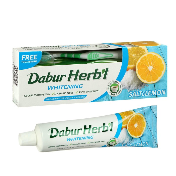 Herb’l WHITENING SALT & LEMON, Dabur (Хербл ОТБЕЛИВАЮЩАЯ зубная паста СОЛЬ И ЛИМОН (зубная щетка в подарок), Дабур), 150 г.