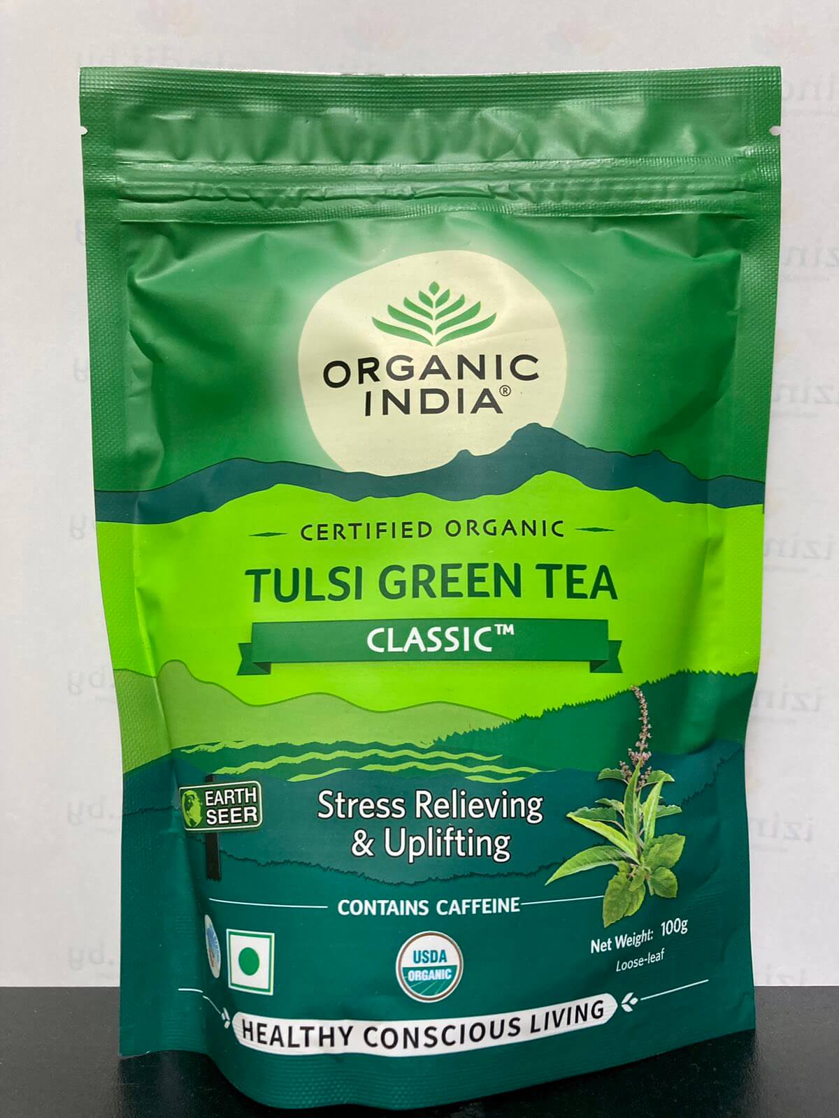 TULSI GREEN TEA CLASSIC, Stress Relieving & Uplifting, Organic India (ТУЛСИ ЗЕЛЁНЫЙ ЧАЙ КЛАССИК, Снимает стресс и поднимает настроение, Органик Индия), 100 г.
