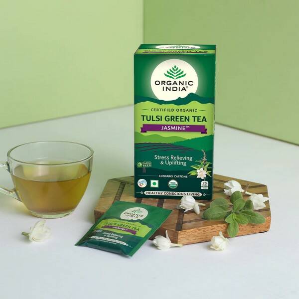 TULSI GREEN TEA JASMINE, Organic India (ТУЛСИ ЗЕЛЕНЫЙ ЧАЙ С ЖАСМИНОМ, антистресс и свежесть, Органик Индия), 25 пакетиков.