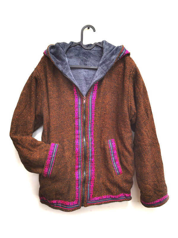 Тибетская этническая двусторонняя куртка с капюшоном КОРИЧНЕВАЯ (деревенская ручная работа), 1 шт.