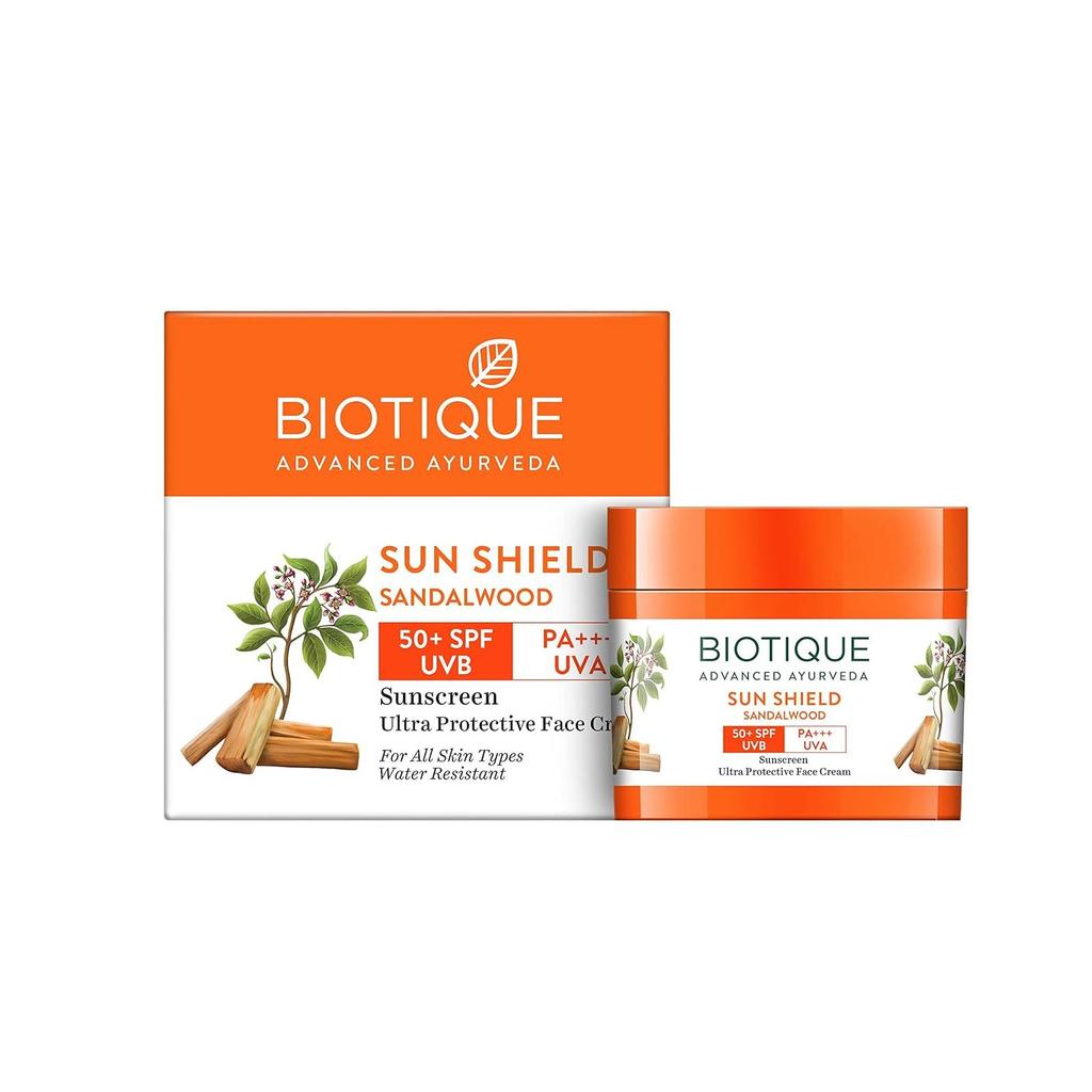 Sun Shield SANDALWOOD 50+ SPF, Ultra Protective Face Cream, Biotique (САНДАЛ 50+ Солнцезащитный и водостойкий крем для лица, для всех типов кожи, Биотик), 50 г.