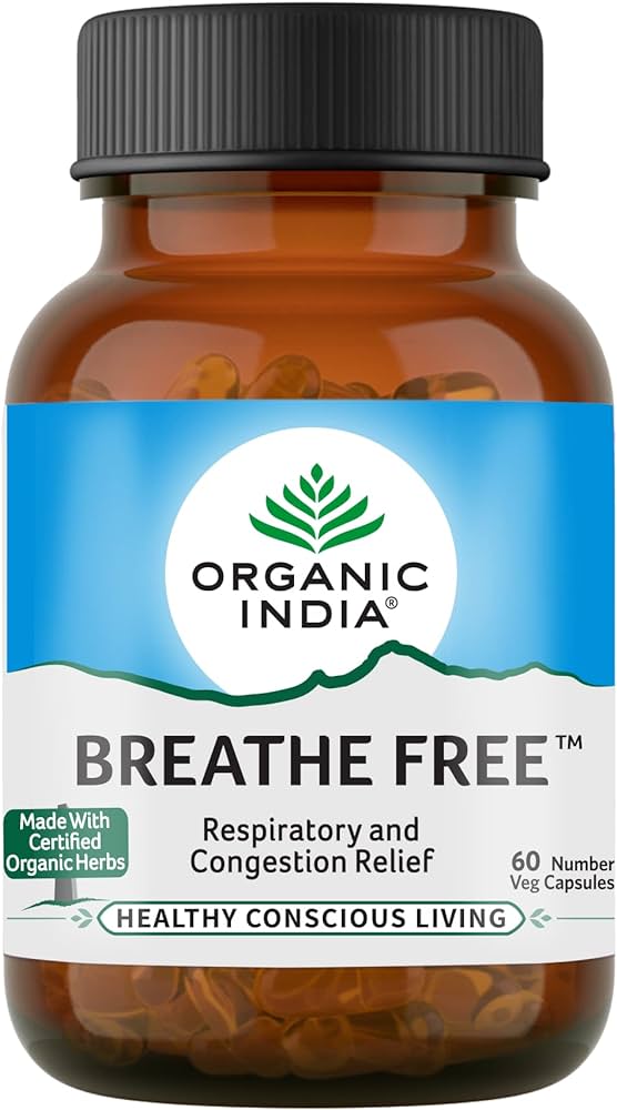 BREATHE FREE Respiratory & Congestion Relief, Organic India (БРИЗ ФРИ (СВОБОДНОЕ ДЫХАНИЕ), Облегчение дыхания и заложенности, Органик Индия), 60 капс.