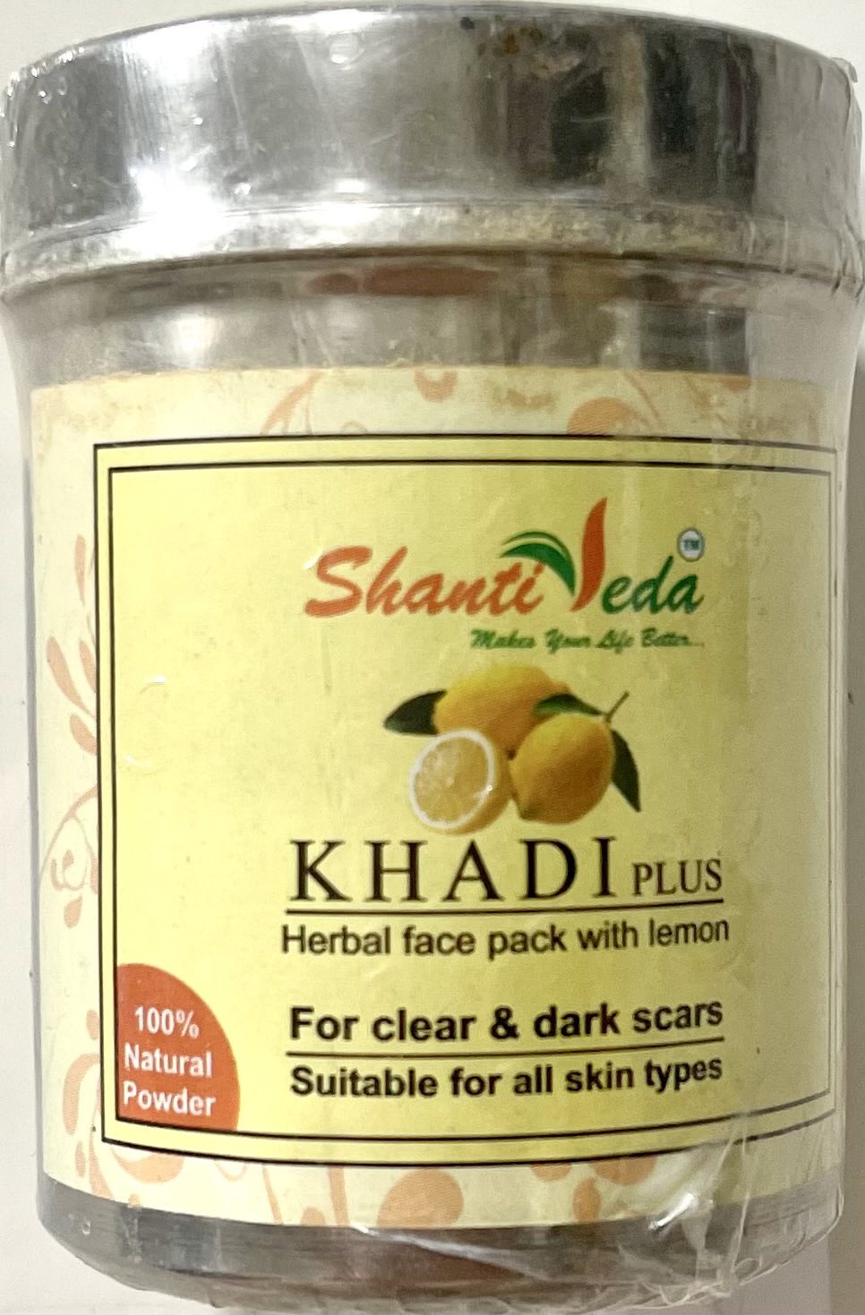 KHADI PLUS Herbal Face Pack With LEMON, Shanti Veda (КХАДИ ПЛЮС Травяная маска для лица с ЛИМОНОМ, Шанти Веда), 100 г.