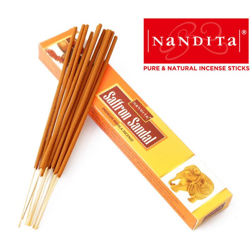 SAFFRON SANDAL Premium Masala Incense, Nandita (ШАФРАН САНДАЛ премиум благовония палочки, Нандита), 15 г.