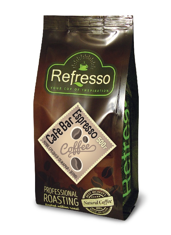 CAFE BAR Espresso, Refresso (КАФЕ БАР Эспрессо, кофе средней обжарки, зерно, Рефрессо), 500 г.
