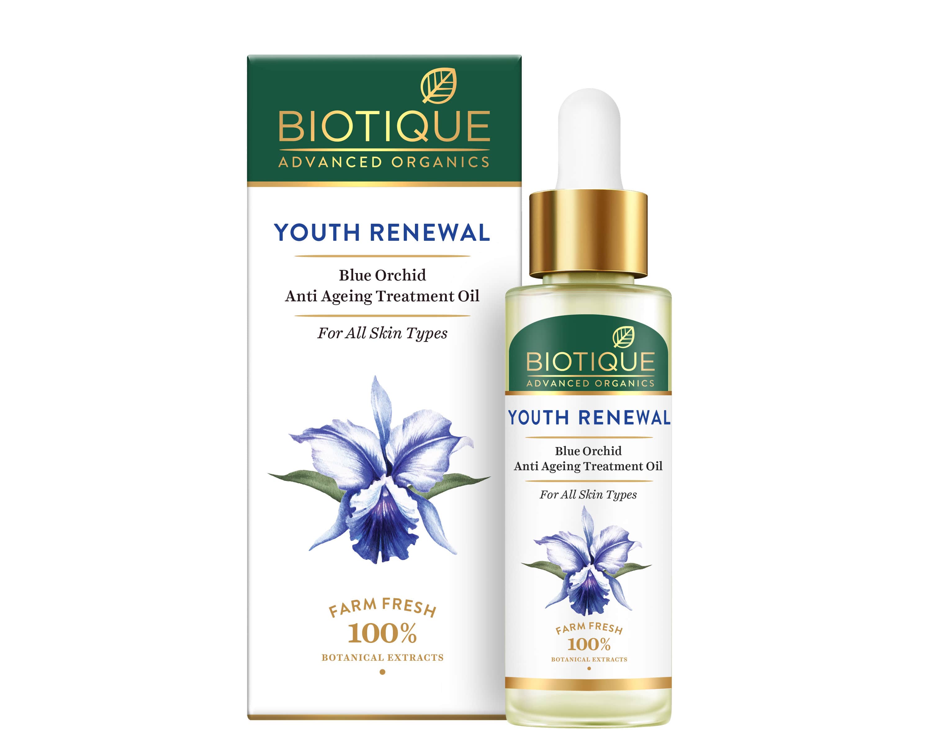 YOTH RENEWAL, Blue Orchid Anti-Ageing Treatment Oil, Biotique (Омолаживающее Антивозрастное МАСЛО ДЛЯ ЛИЦА с Голубой Орхидеей, Для всех типов кожи, Биотик), 30 мл.