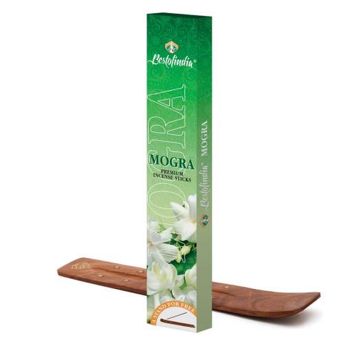 MOGRA Premium Incense Sticks, Bestofindia (МОГРА премиальные благовония, Бэстофиндия), 70 г. (20 палочек + подставка)