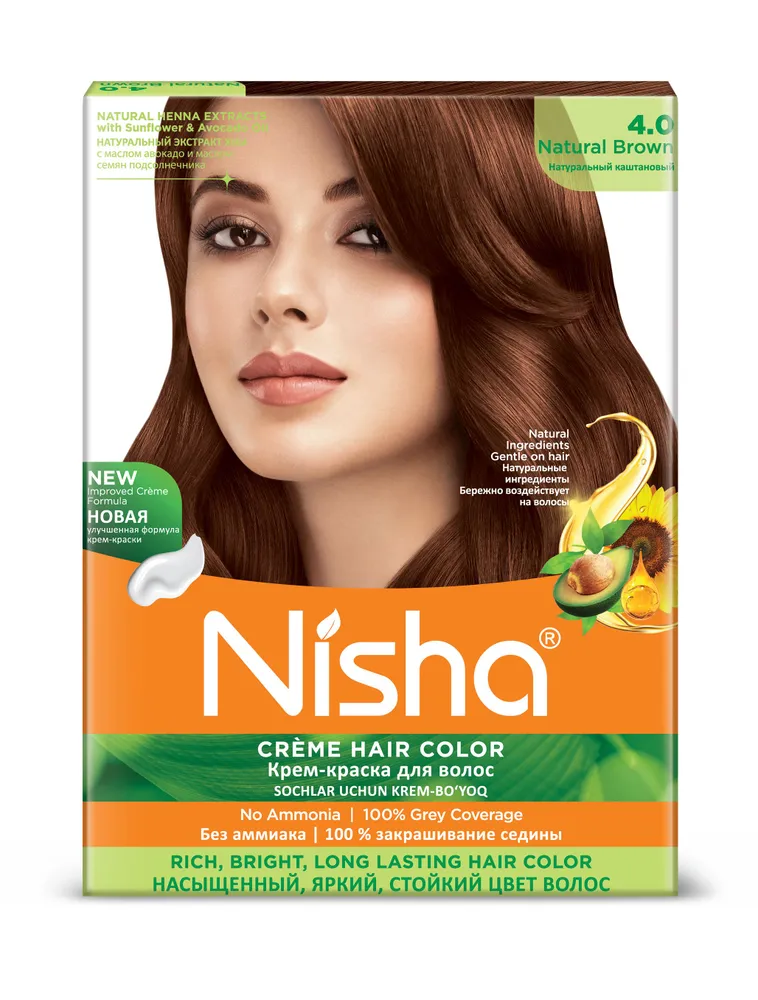 NATURAL BROWN 4.0 Nisha Creme Hair Color (НАТУРАЛЬНЫЙ КАШТАНОВЫЙ 4.0 крем-краска для волос, Ниша), 20 г + 20 мл + 6 мл.