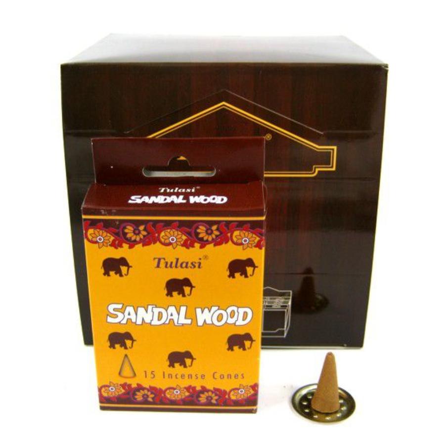 Tulasi Incense CONES SANDAL WOOD, Sarathi (Туласи благовония КОНУСЫ САНДАЛОВОЕ ДЕРЕВО (СО СЛОНИКАМИ), Саратхи), уп. 15 конусов.